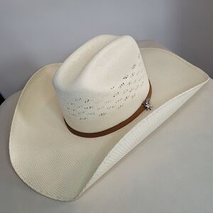 Bailey Bangora Cream Cowboy Hat with Brown Band Spur Decor Straw